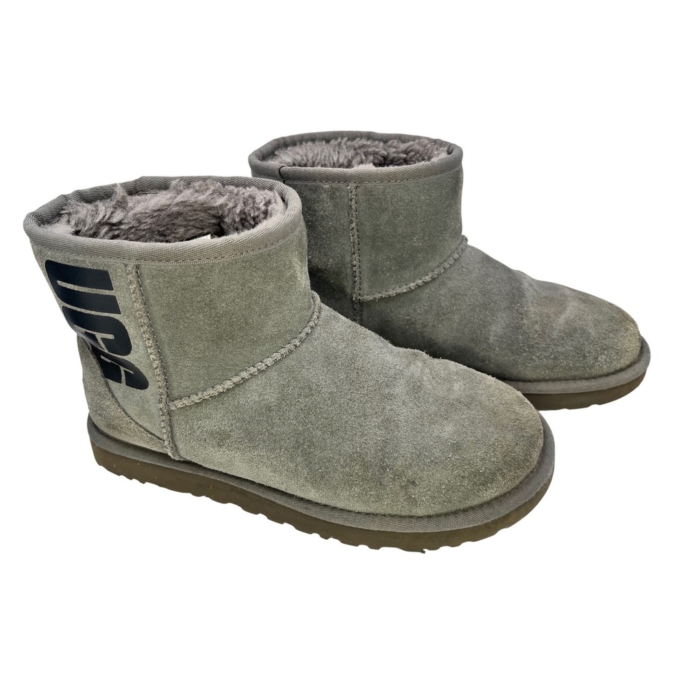 UGG Classic Mini Boots Womens Size 7 Side Logo Grey Suede Booties Shearling